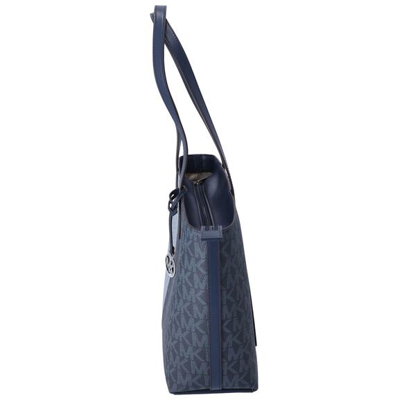 Michael Kors Jet Set Travel Medium Top Zip Tote Navy Multi MK Signature - Picture 2 of 4
